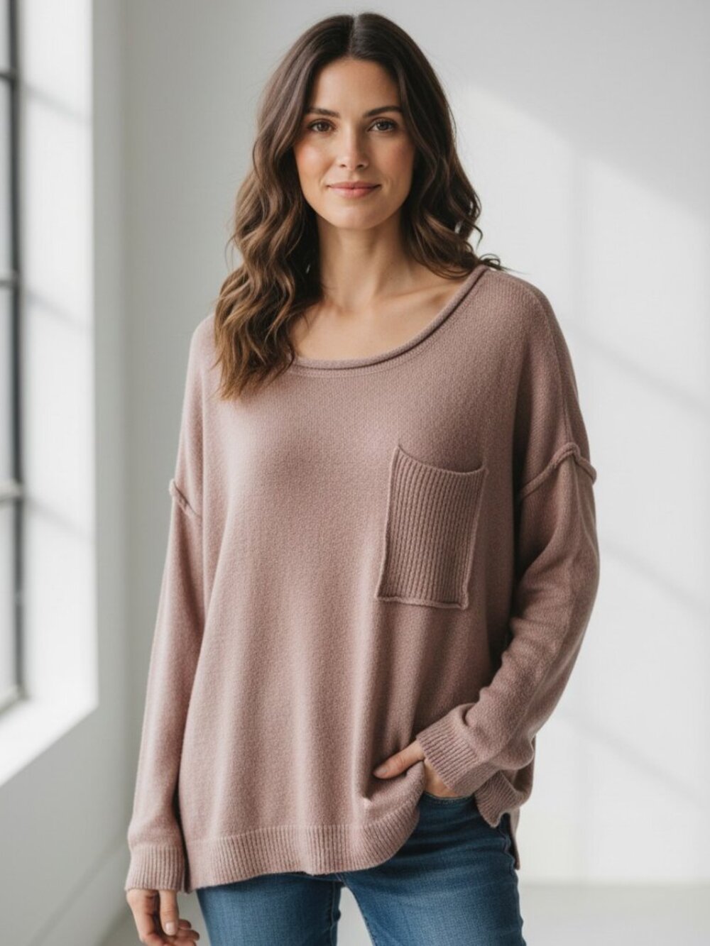 Listicle Medium Pink Oversized Distressed Slouchy Pocket Sweater